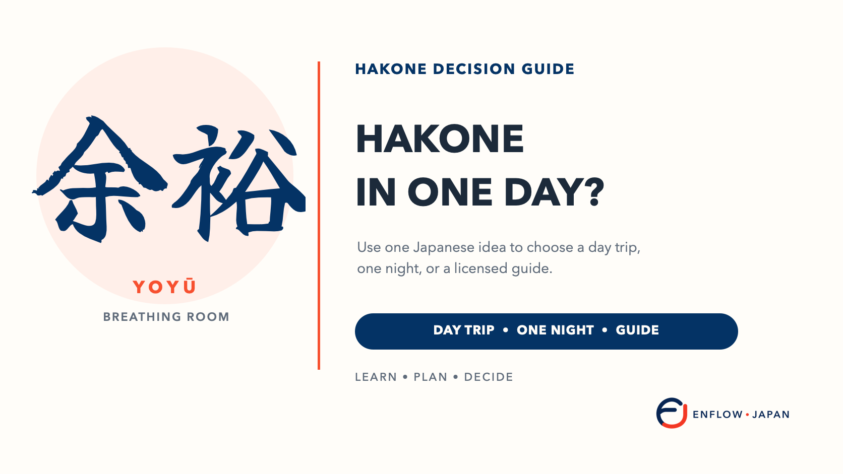 Warm-white editorial graphic with the Japanese word for breathing room and the question Hakone in one day.
